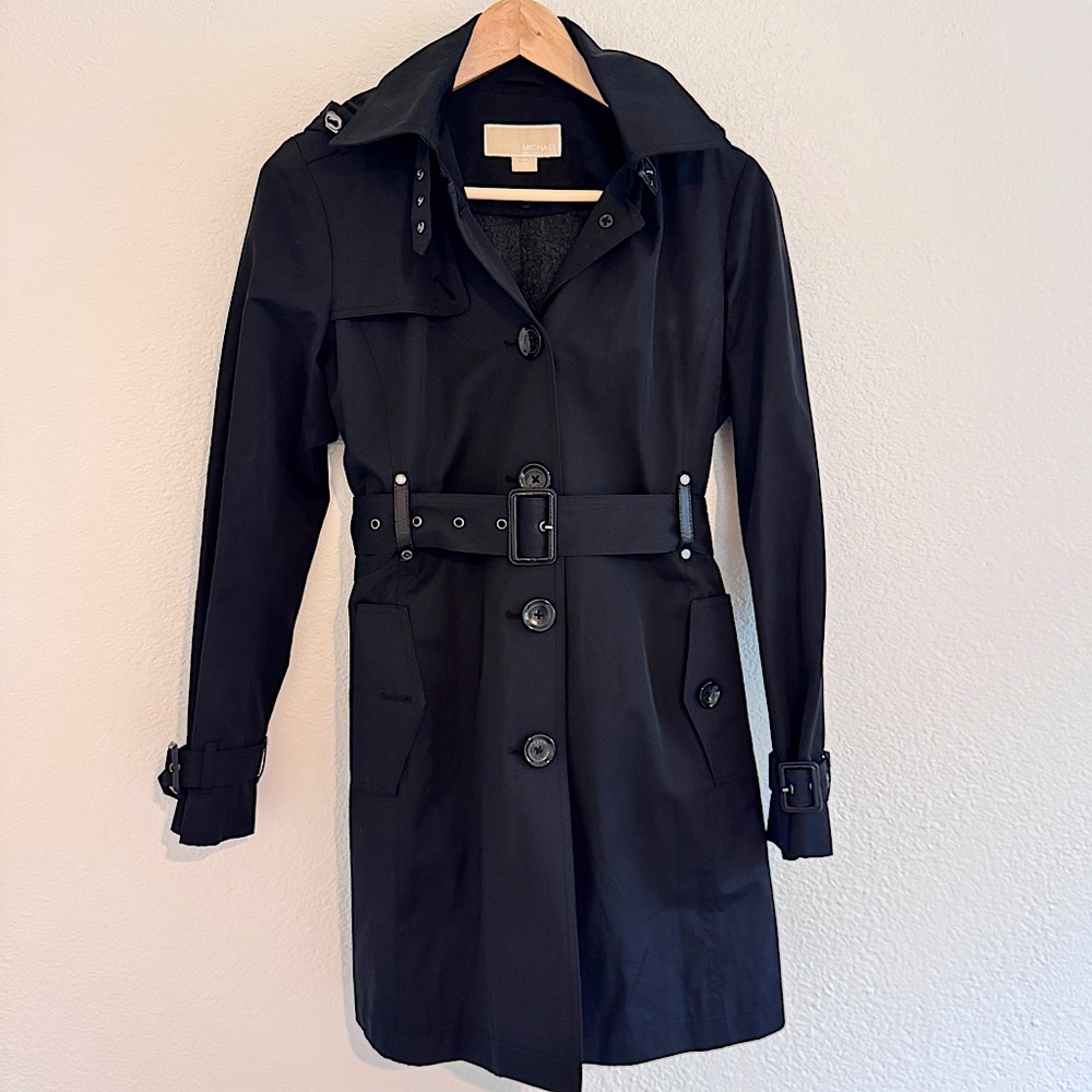Michael Kors Women's Black Hooded Lined Trench Coat Size XS Grommet Capsule Edgy